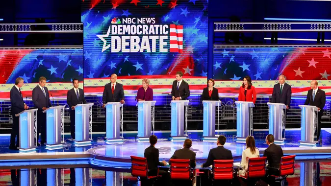 Mandatory Credit: Photo by Wilfredo Lee/AP/Shutterstock (10321961by)Democratic presidential candidate former Housing and Urban Development Secretary Julian Castro, third from left, answers a question, during a Democratic primary debate hosted by NBC News at the Adrienne Arsht Center for the Performing Art, in MiamiElection 2020 Debate, Miami, USA - 26 Jun 2019.