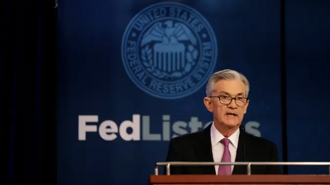 Mandatory Credit: Photo by Kiichiro Sato/AP/Shutterstock (10268072n)Federal Reserve Chairman Jerome Powell speaks at a conference involving its review of its interest-rate policy strategy and communications, in ChicagoFederal Reserve Powell, Chicago, USA - 04 Jun 2019.