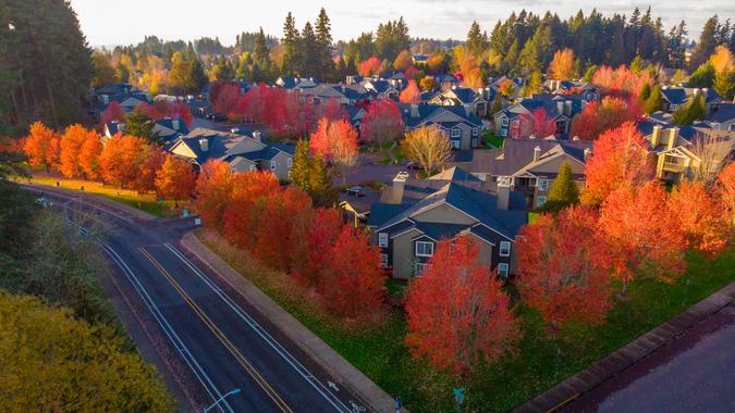 Aerial shot of a street intersection in Hillsboro, Oregon.