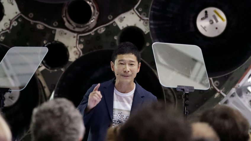 Japanese billionaire Yusaku Maezawa talks at SpaceX