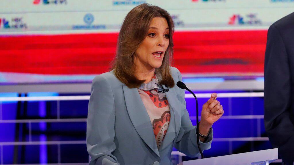 Mandatory Credit: Photo by Wilfredo Lee/AP/Shutterstock (10323369l) Democratic presidential candidate author Marianne Williamson, speaks during the Democratic primary debate hosted by NBC News at the Adrienne Arsht Center for the Performing Art, in Miami Election 2020 Debate, Miami, USA - 27 Jun 2019.