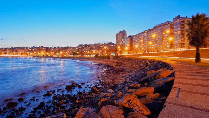 Uruguay, Montevideo, Twilight view of the Pocitos Coast on the River Plate.