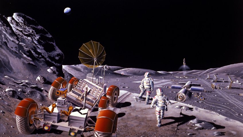 NASA moon colony with rover