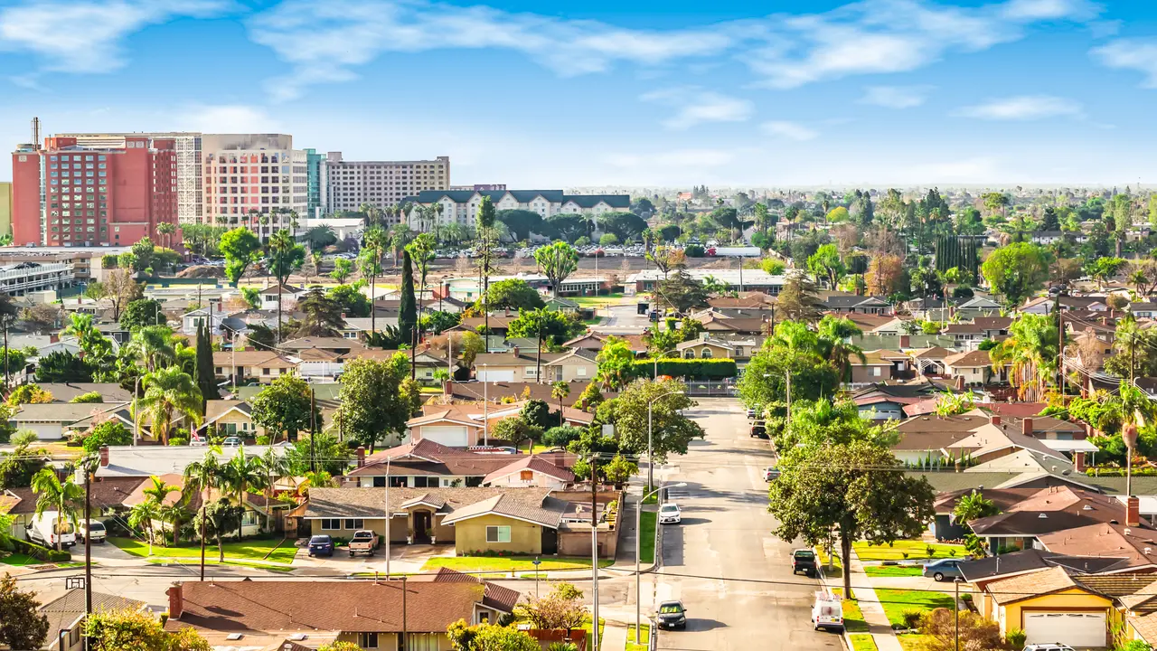Bright and colorful image of residential area in Anaheim, Orange County, California.