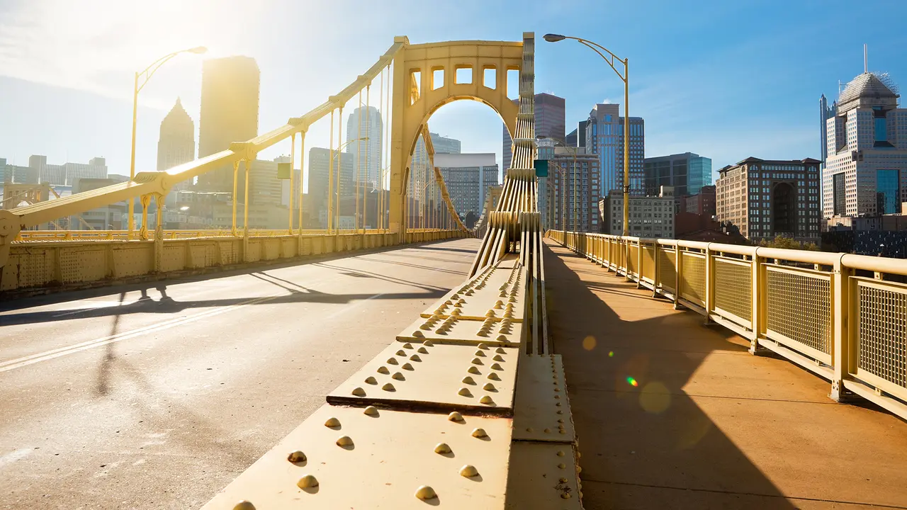 An early morning photo of the Andy Warhol Bridge which leads to downtown Pittsburgh, Pennsylvania, USA.