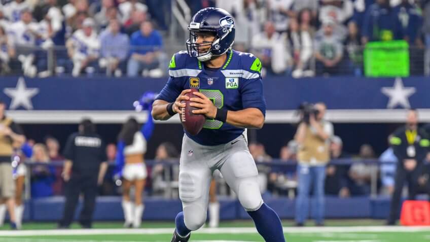Mandatory Credit: Photo by Albert Pena/CSM/Shutterstock (10048865bv)Seattle Seahawks quarterback Russell Wilson #3 during the NFL Wildcard Playoff football game between the Seattle Seahawks and the Dallas Cowboys at AT&T Stadium in Arlington, TX Dallas defeated Seattle 24-22 Albert Pena/CSMNFL Wildcard Playoff Seattle vs Cowboys, Arlington, USA - 05 Jan 2019.