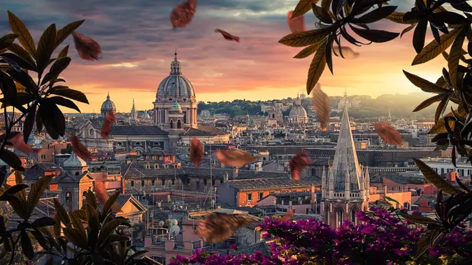 Beautiful sunset on the city of Rome in evening.