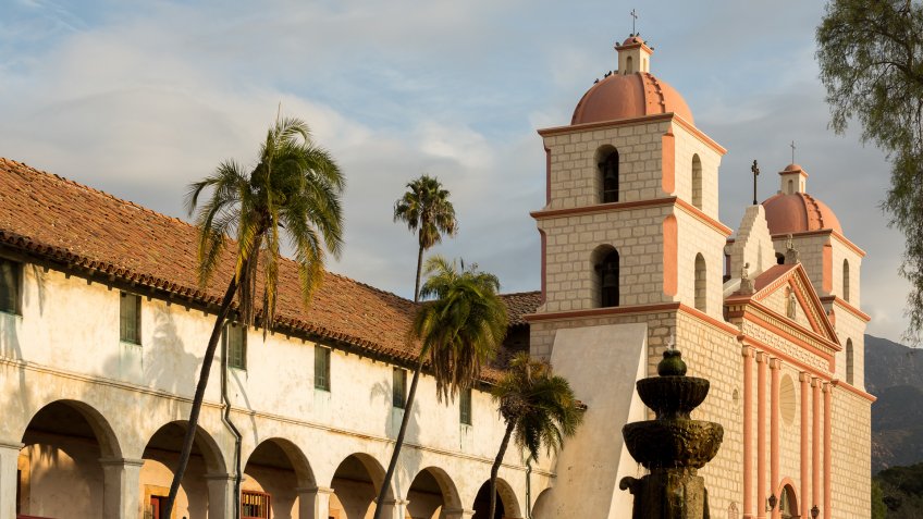 Catholic Mission in Santa Barbara at dawn.