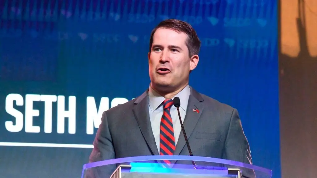 Mandatory Credit: Photo by Meg Kinnard/AP/Shutterstock (10319224z) Massachusetts Congressman Seth Moulton addresses the South Carolina Democratic Party convention, in Columbia, S.