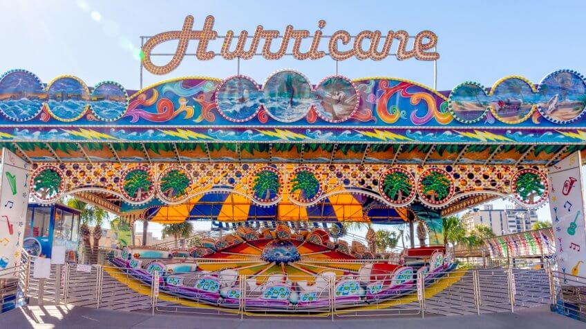 Myrtle Beach, South Carolina, November 27, 2017 Located at the Family Kingdom Amusement Park, this Hurricane amusement park ride is steps away from the potential landfall of Hurricane Florence.