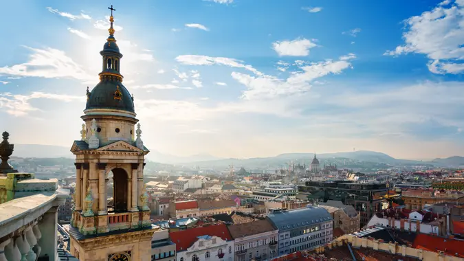 Panoramic view on Budapest from St Istvan basilica.