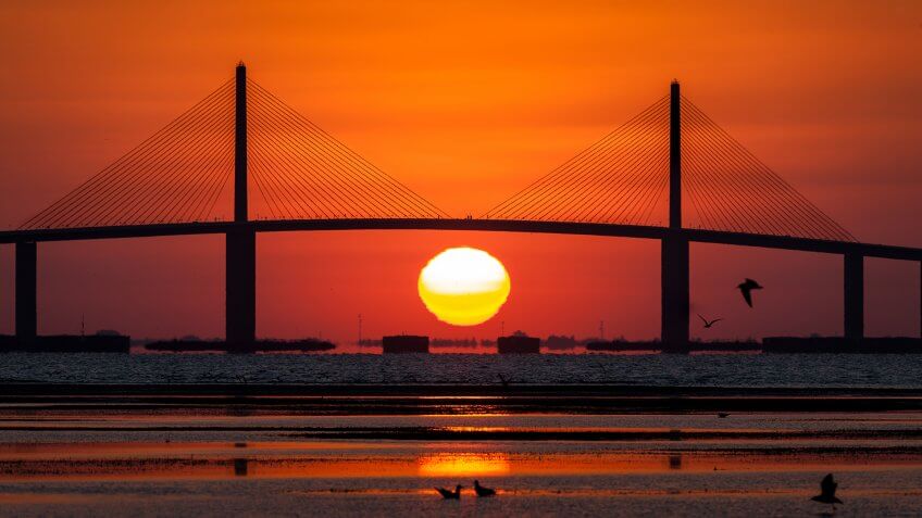 Sunshine Skyway Bridge with sunrise, Tampa Bay - Image.