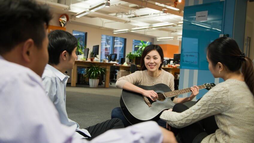 Chinese business people relaxing in office.