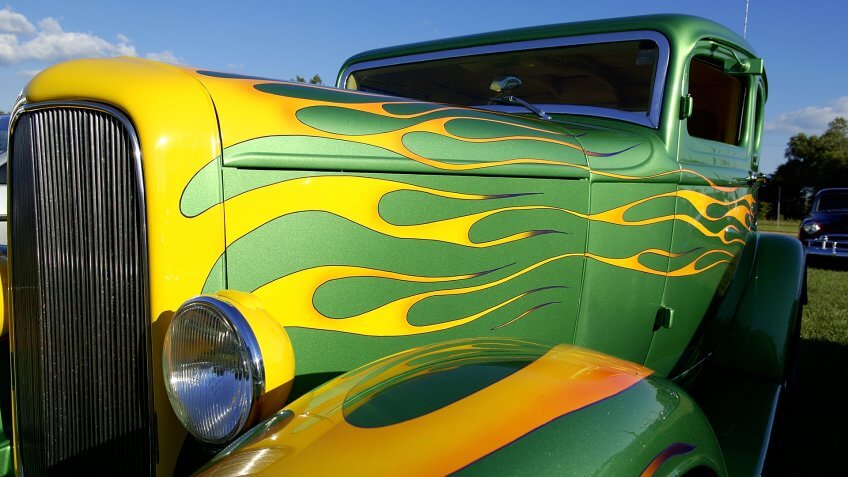 A wild flame paint job on a custom American Hot Rod automobile.