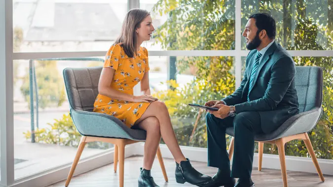 Office worker during one on one business consultation.