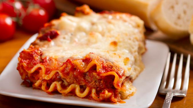 A single serving of freshly made meat and cheese lasagna.