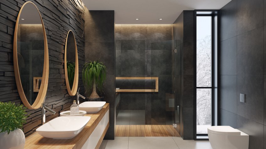 contemporary minimalist bathroom with two round mirrors and wooden frame.