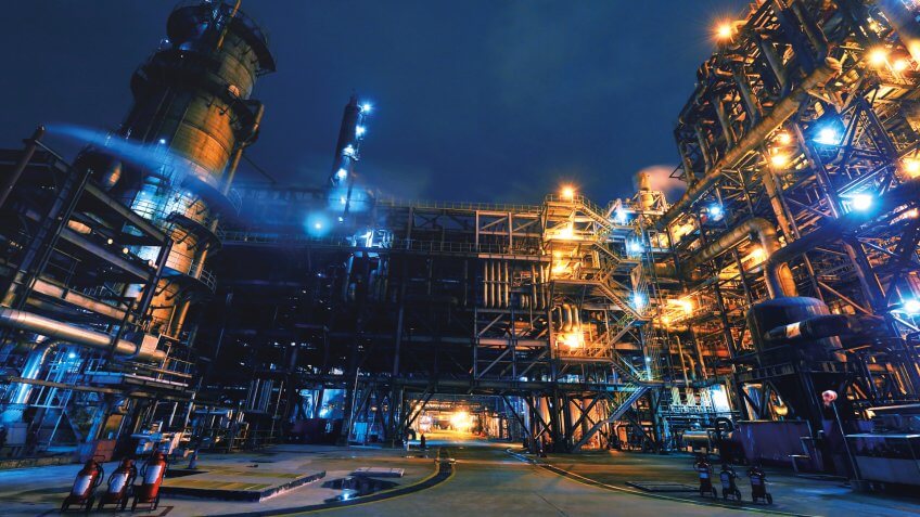 Oil Refinery, Chemical & Petrochemical plant abstract at night.