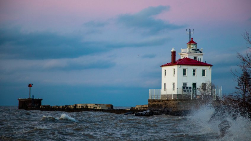 Lighthouse on Lake Erie in Mentor Ohio at night.