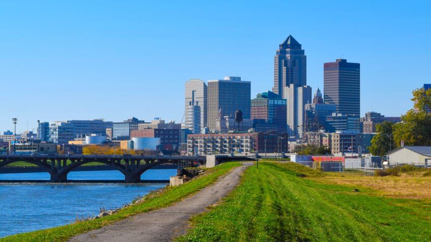 Des Moines Iowa skyline taken from the bike path next to the Des Moines River in Autumn - Image.