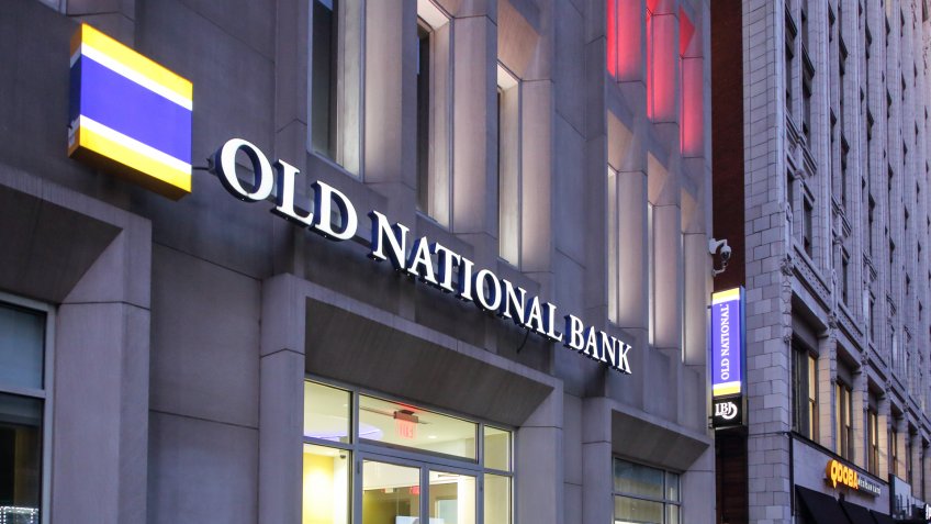 Old National Bank financial institute located downtown at Monument Circle - Indianapolis, Indiana, USA - July 24, 2019 - Image.