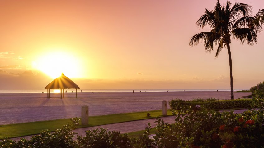 Long extension beaches and calmed sea at Marco Island Beach, Gulf of Mexico, Florida, USA.