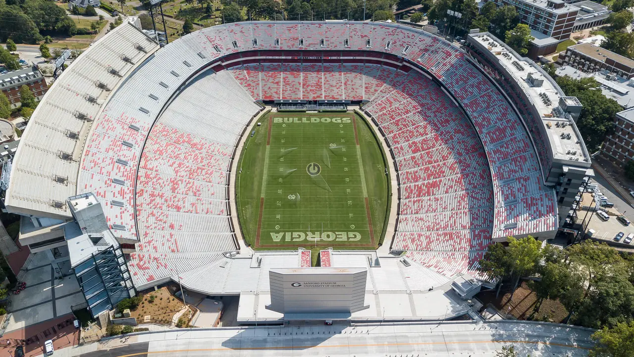 October 03, 2018 - Athens, Georgia, USA: Aerial views of Sanford Stadium, which is the on-campus playing venue for football at the University of Georgia in Athens, Georgia, United States.