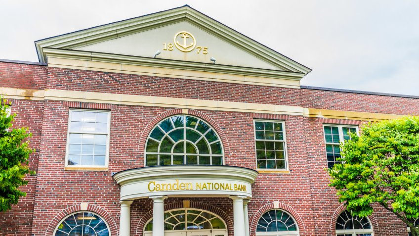 Camden, USA - June 9, 2017: Downtown small village in Maine with national bank building and sign - Image.
