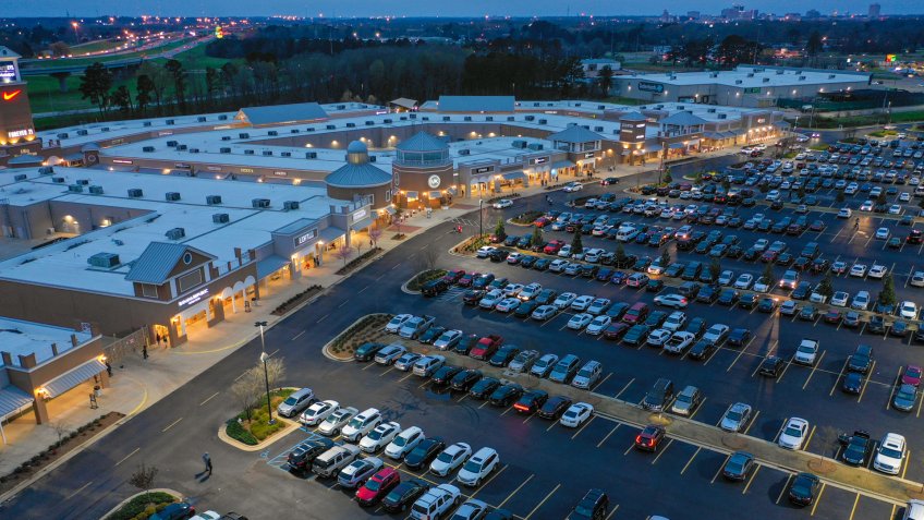 PEARL, MS, USA - MARCH 15, 2019: Aerial drone photo of outlet shops of Mississippi - Image.