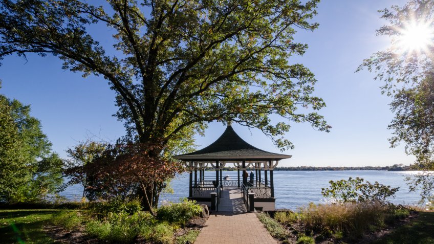 Beautiful view of a gazebo patio deck in the fall along Minnesota Lake Minnetonka in the Twin Cities.