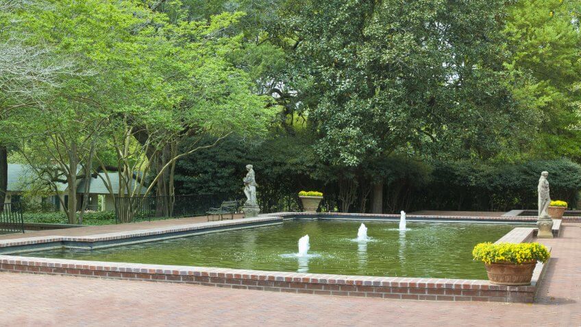 A pool and fountains at the Hopeland Gardens in Aiken, South Carolina.