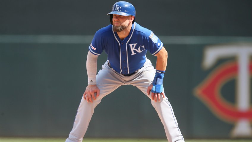Mandatory Credit: Photo by Jim Mone/AP/Shutterstock (10354076k)Kansas City Royals' Alex Gordon takes a lead at first base throws against the Minnesota Twins in a baseball game, in MinneapolisRoyals Twins Baseball, Minneapolis, USA - 04 Aug 2019.