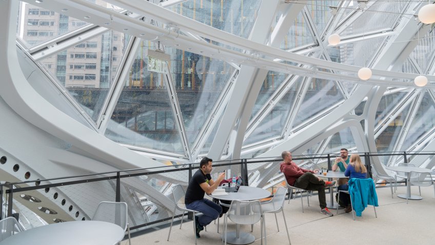 Amazon employees hanging out during break