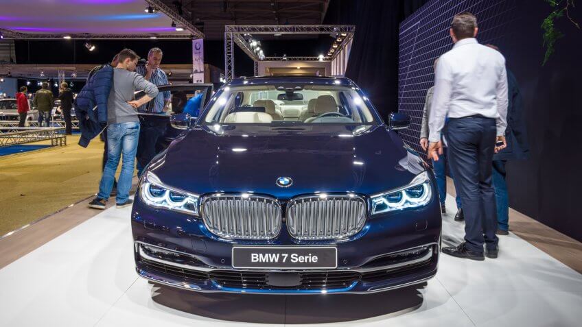 MAASTRICHT, NETHERLANDS - JANUARY 14, 2016: Full-size luxury car BMW 750i xDrive Sedan.