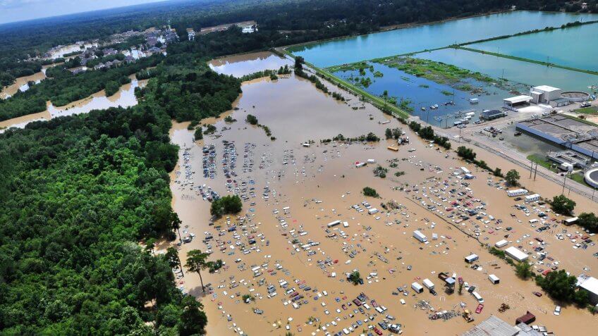 An view from an MH-65 Dolphin helicopter shows flooding and devastation in Baton Rouge, La.