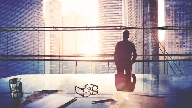 City Scape Businessman Leader Thinking Concept.