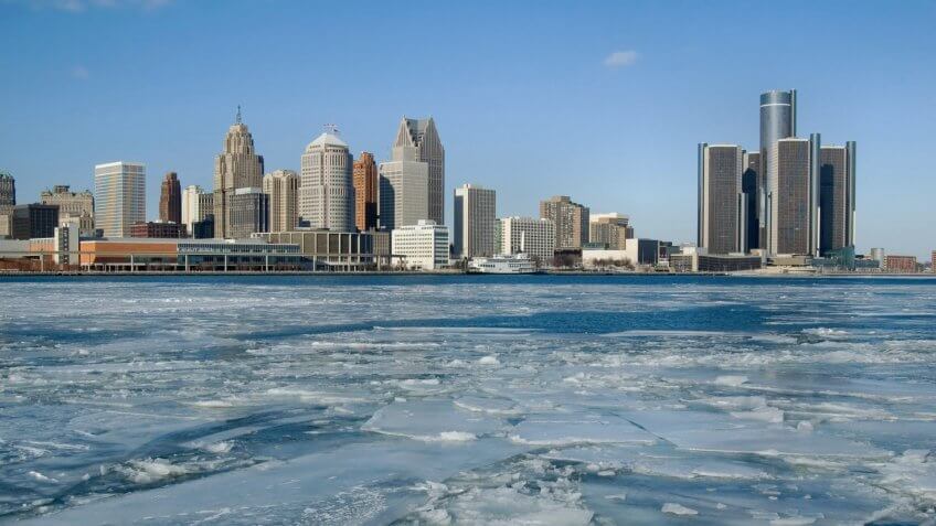 American Culture, Architecture, Building Exterior, Built Structure, Business, Canada, Center, City, Detroit, Detroit River, Downtown District, Ice, Ice Floe, Journey, Midwest USA, Ontario, Renaissance Center, River, Scenics, Sky, Skyline, The Americas, Travel, Travel Destinations, USA, Urban Scene, Waterfront, Winter, cobo hall, motor city, naias
