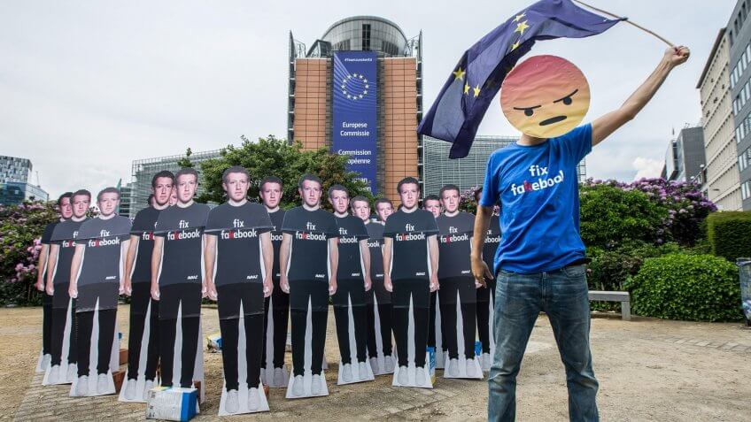 Facebook data breach protest in Brussels Belgium after Cambridge Analytica data breach