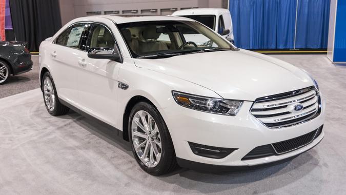 CHARLOTTE, NC, USA - November 11, 2015: Ford Taurus on display during the 2015 Charlotte International Auto Show at the Charlotte Convention Center in downtown Charlotte.
