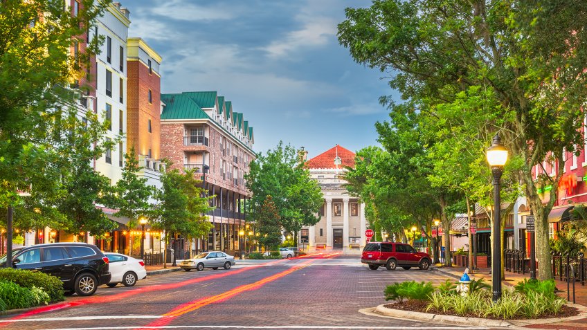 Gainesville, Florida, USA downtown cityscape at twilight.