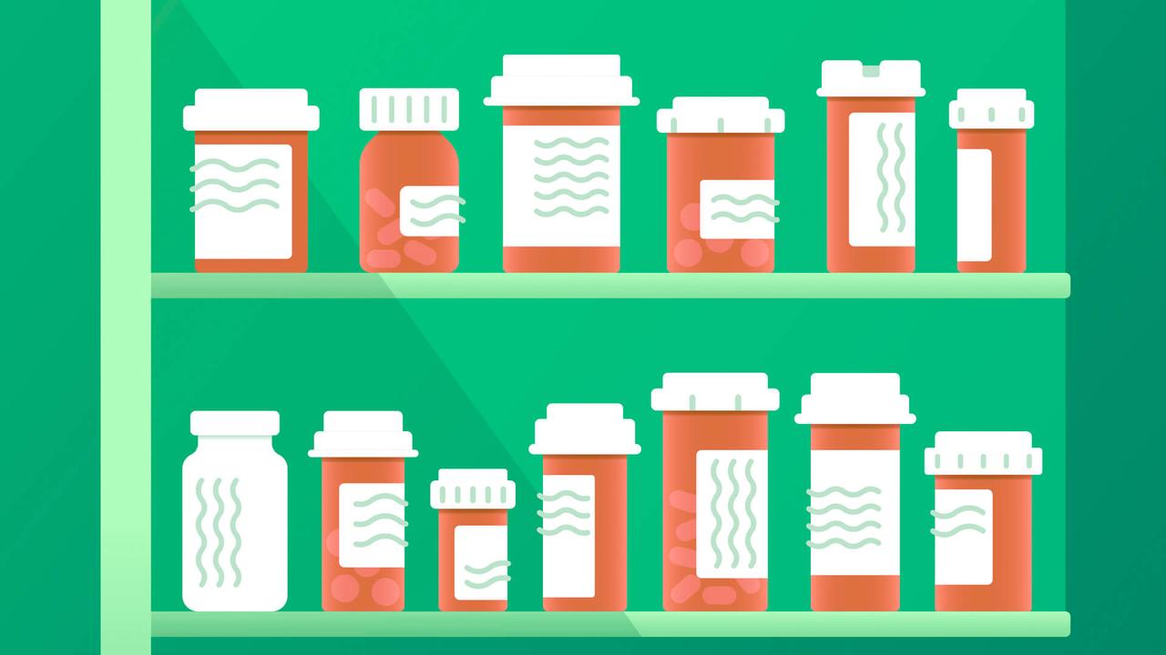 Prescription medicine bottles for health care.