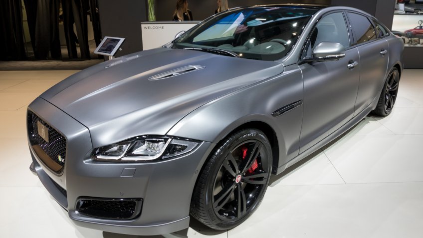 BRUSSELS - JAN 10, 2018: Jaguar XJR 575 Luxury Saloon car shown at the Brussels Motor Show.