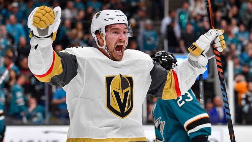 Mandatory Credit: Photo by Chris Brown/CSM/Shutterstock (10217296n)Vegas Golden Knights forward Mark Stone (61) celebrates the Vegas Golden Knights goal to tie the game and send it to overtime during game seven of the first round of the the Stanley Cup playoffs between the Vegas Golden Knights and the San Jose Sharks at SAP Center in San Jose, CaliforniaNHL Golden Knights vs Sharks, San Jose, USA - 23 Apr 2019.