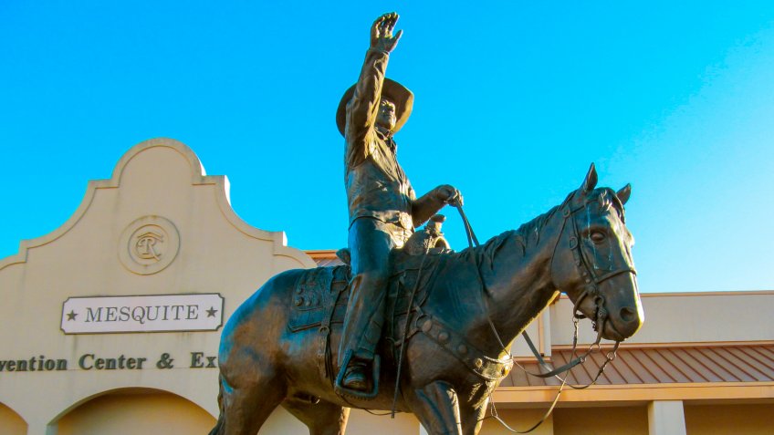 Dallas, TX, USA, October, 29, 2017: Statue of cowboy on horse near Mesquite Arena.