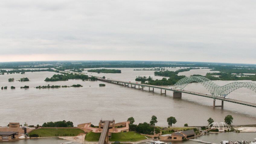 Aerial view a few days before the floodwaters crested in Arkansas and Tennessee, three days prior to Saturday, May 14.