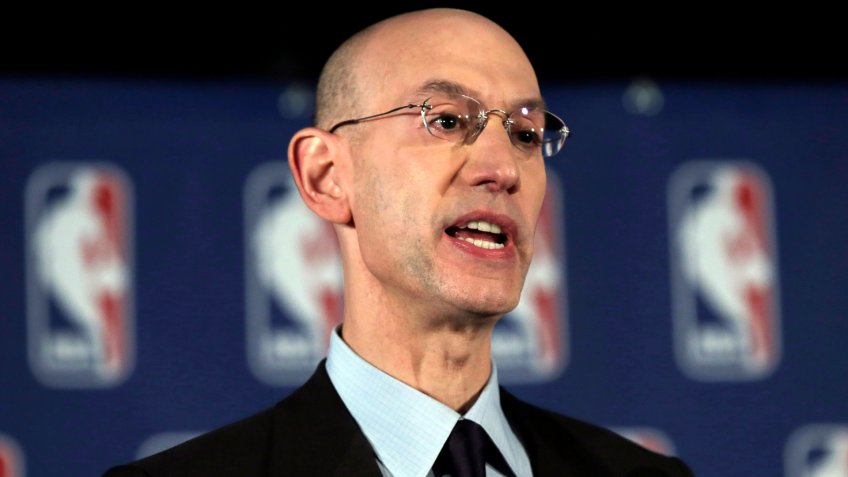 Mandatory Credit: Photo by Richard Drew/AP/Shutterstock (6166077a)Adam Silver National Basketball Association Commissioner Adam Silver addresses a news conference in New York, .