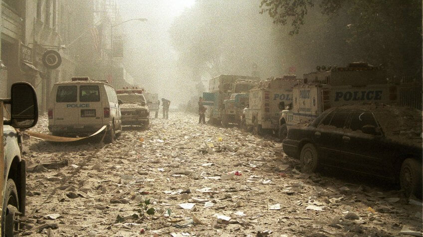 New York streets on September 11th-2001 with debris