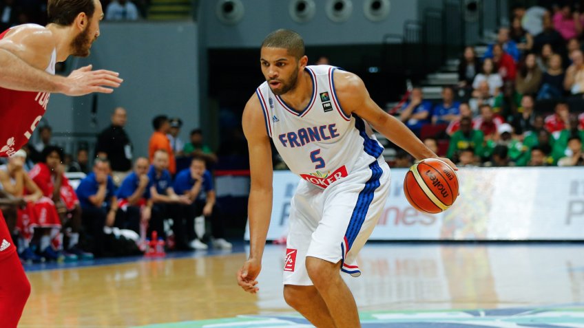 Mandatory Credit: Photo by Mark R Cristino/EPA/Shutterstock (8424217cm)Nicolas Batum (r) of France in Action Against Semih Erden (l) of Turkey During the 2016 Fiba Olympic Qualifying Tournament Semi Final Match Between France and Turkey and France at the Sm Mall of Asia Arena in Pasay City South of Manila Philippines 09 July 2016 Philippines ManilaPhilippines Basketball Fiba Olympic Qualifying Tournament - Jul 2016.