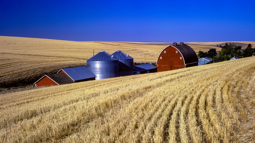 red barn and silos in harvested wheat field near Pendleton, Oregon.