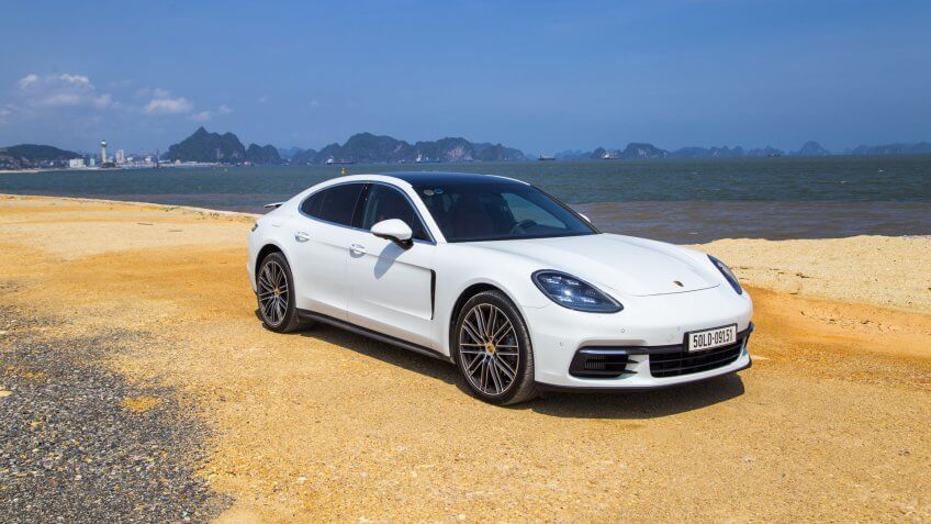 Halong, Vietnam - May 30, 2017: Porsche Panamera 4S 2017 car on the test road in test drive in Vietnam.